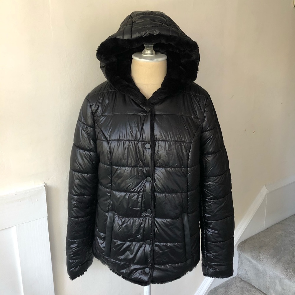 Motto Black Hooded Reversible Faux Fur Puffer Coat EUC Size XS